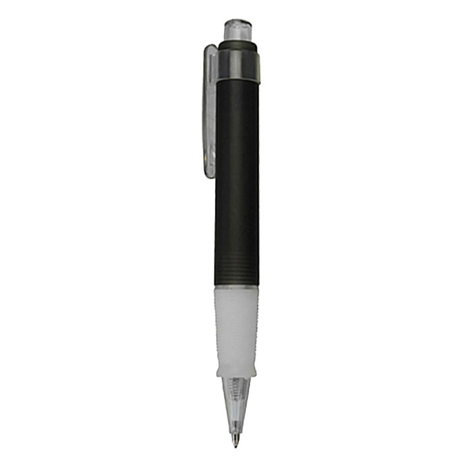 A black plastic pen with a silver clip and a transparent tip. The pen has a textured grip for better handling.