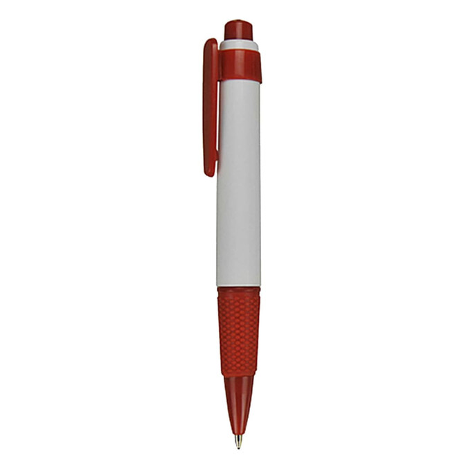 A plastic pen featuring a red grip and clip with a white barrel. It includes a logo on the surface.