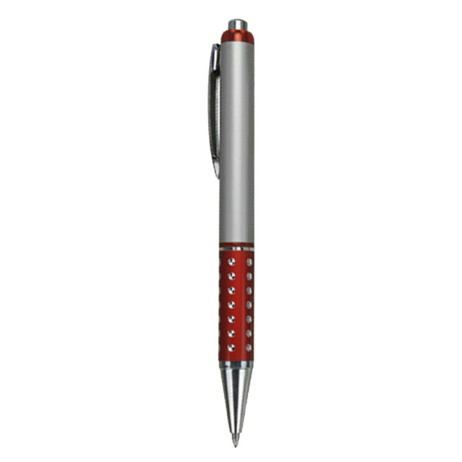 A silver and red plastic pen with a textured grip and decorative elements, featuring a clip and a logo.