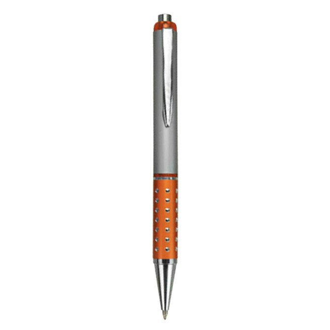 A plastic pen featuring an orange grip and silver accents, with a logo on the barrel.