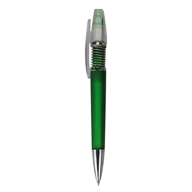 A green plastic pen with a clear cap and a silver metal tip, featuring a logo on its body.