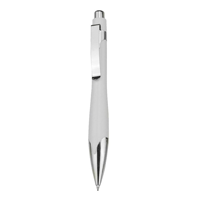A white plastic pen with a shiny silver clip and trim. The pen has a sleek, modern design and features a branding logo.