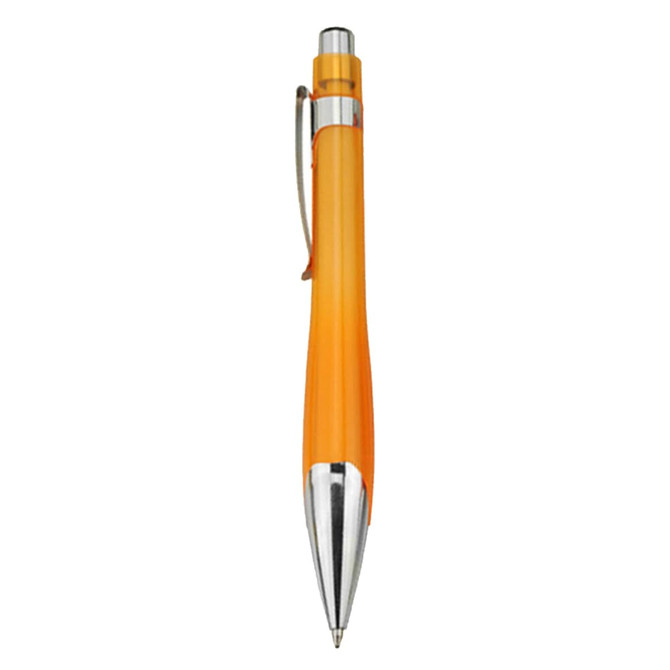 An orange plastic pen with a silver clip and a sleek design, featuring a logo on its body.
