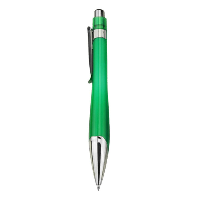 A green plastic pen with a sleek design and silver accents. It features a clip for easy attachment and branding.