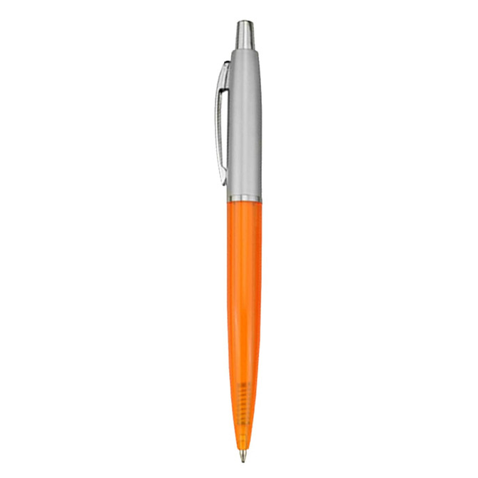 An orange plastic pen with a silver clip and tip, featuring a logo on the barrel.