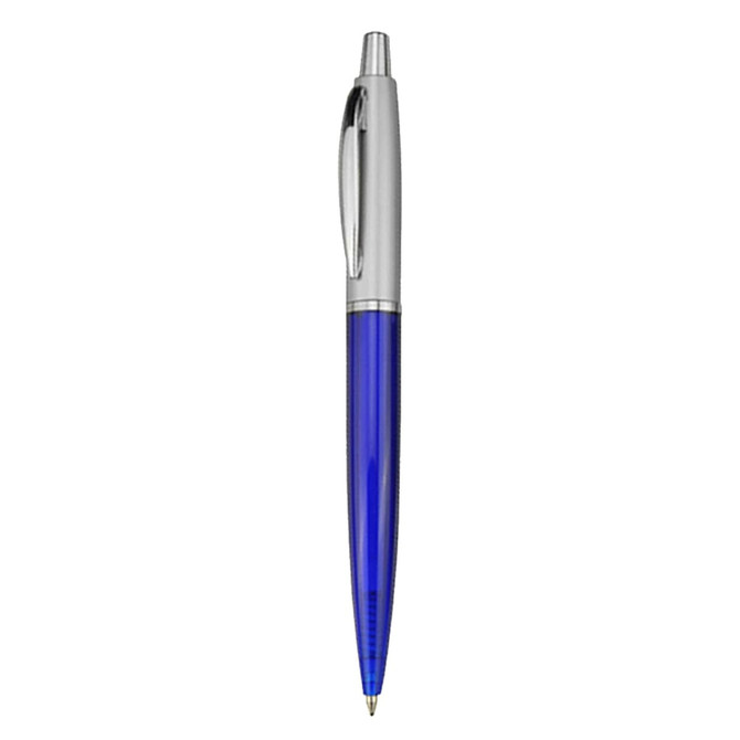 A blue plastic pen with a shiny silver clip and tip, featuring a logo on the body.