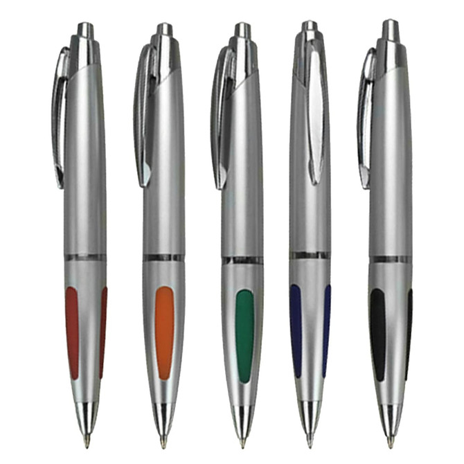 A set of five plastic pens in silver, featuring coloured grips in red, orange, green, blue, and black. Each pen has a logo.