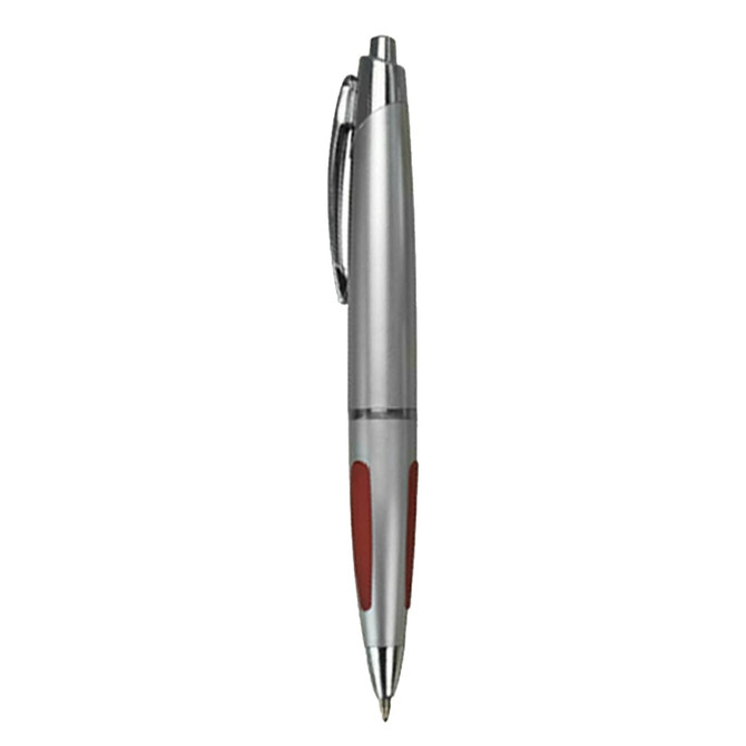 A silver pen with red accents and a clip, featuring a logo.