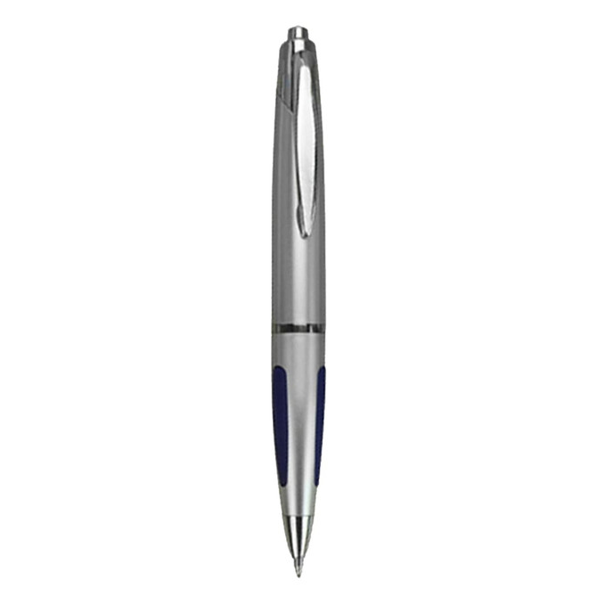 A plastic pen in silver with navy grip accents, featuring a clip and a logo.