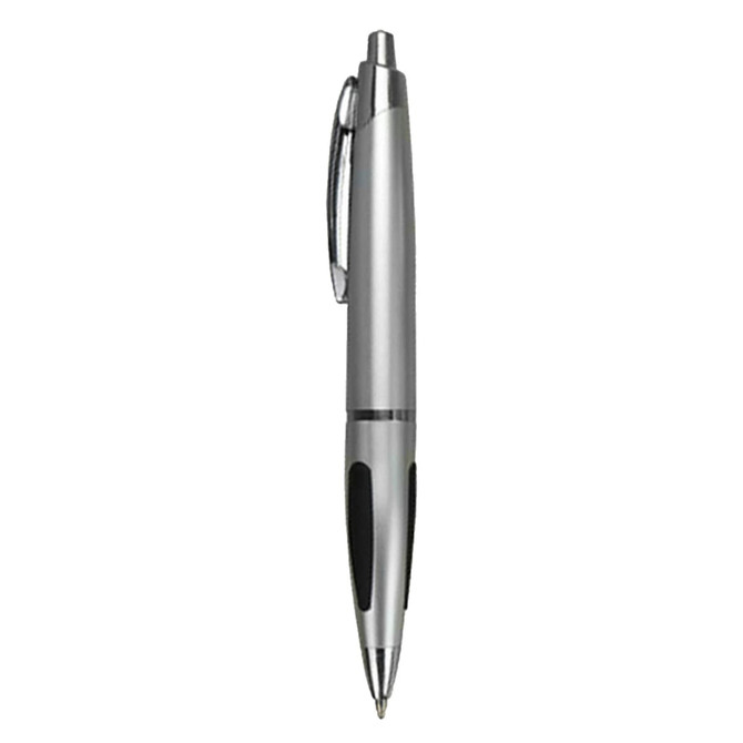 A silver plastic pen with a black grip and clip, featuring a reflective finish and a streamlined design.
