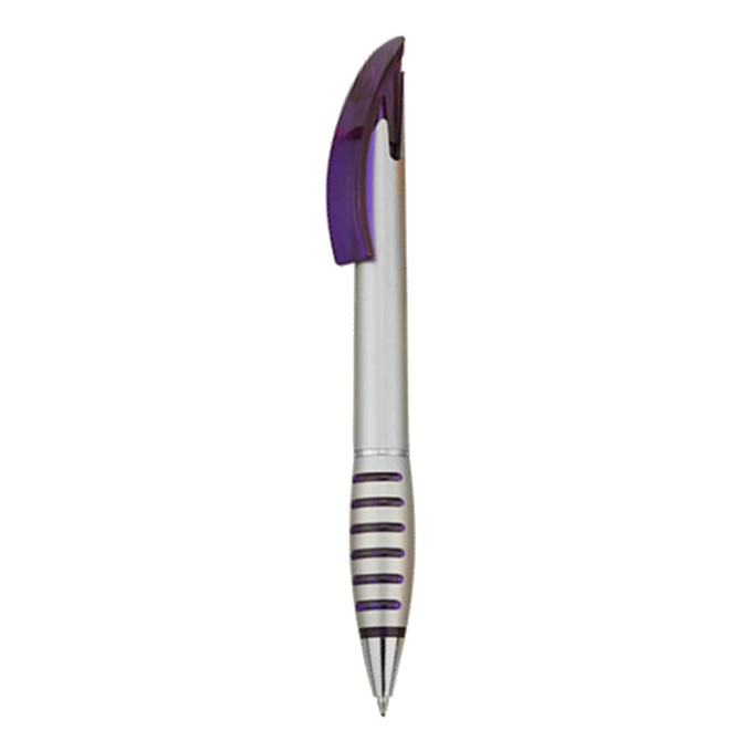 A plastic pen with a purple cap and grip, featuring a silver barrel and a logo.