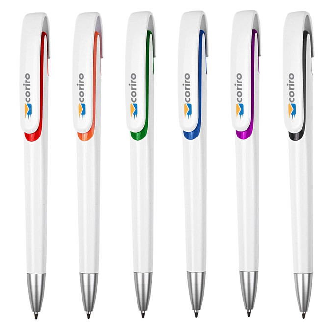 A collection of six white plastic pens with coloured accents: orange, green, blue, purple, and black. Each pen has a logo.