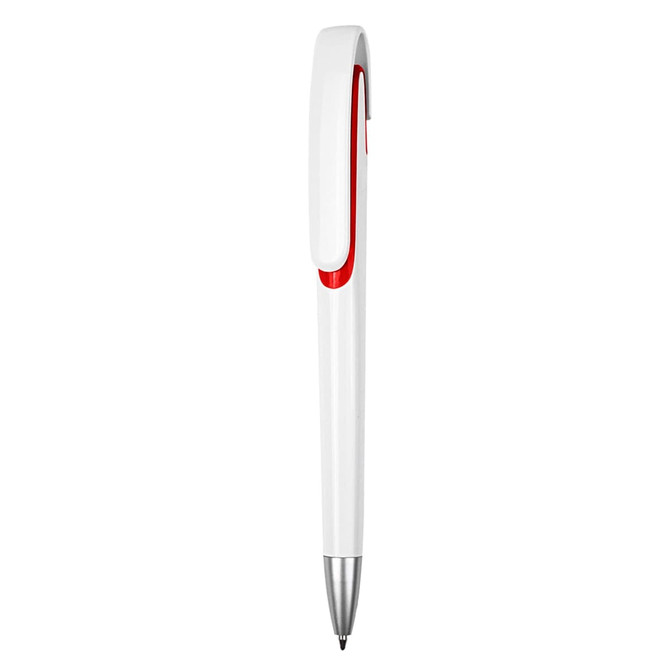 A plastic pen in white with a red accent and silver tip. The pen features a clip and has a logo.