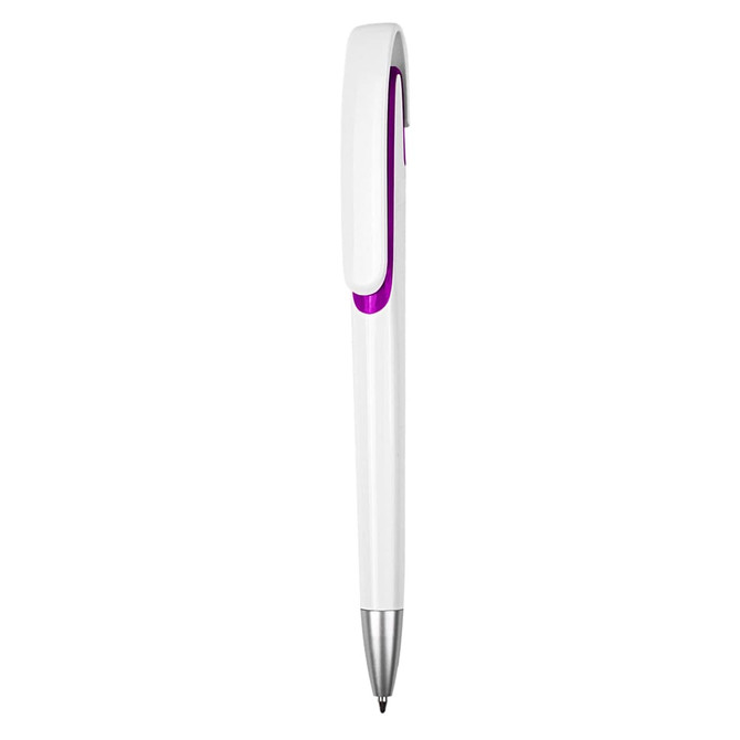 A plastic pen in white with a purple accent and a silver tip, featuring a logo on the side.