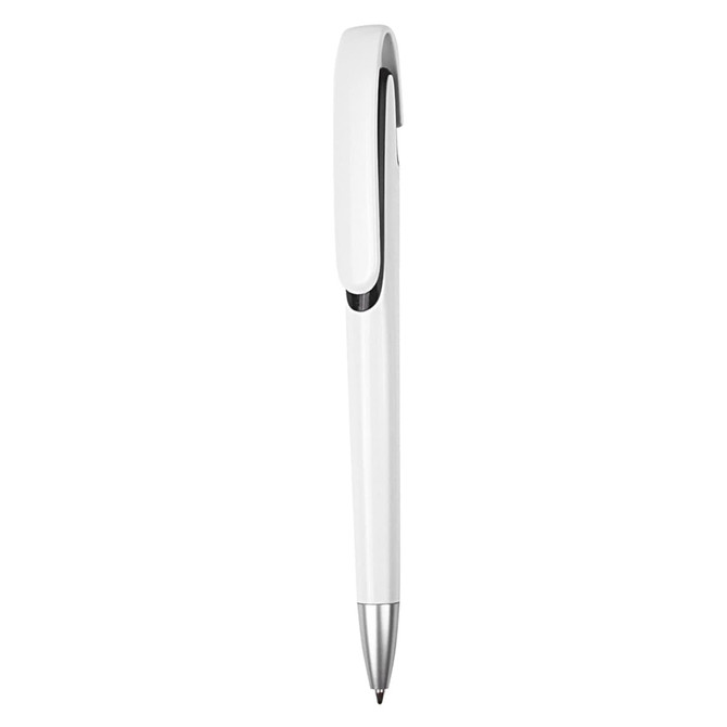 A white plastic pen with a silver tip and a clip, featuring a logo on the body.