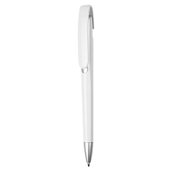 A white plastic pen with a silver clip and tip, featuring a sleek design and a branding logo.