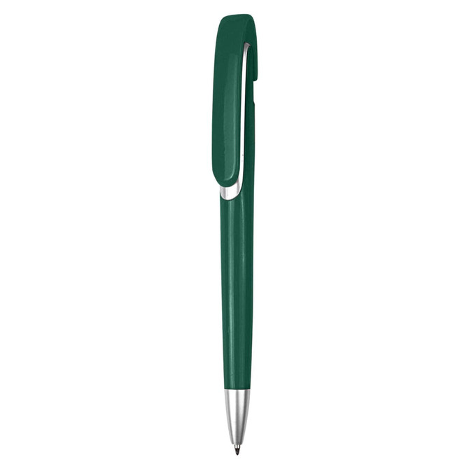 A plastic pen in a rich green colour with a sleek design and a clip. It features a logo on the barrel.