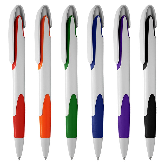 A collection of six plastic pens in orange, green, blue, purple, and black, each with a white body and a logo.