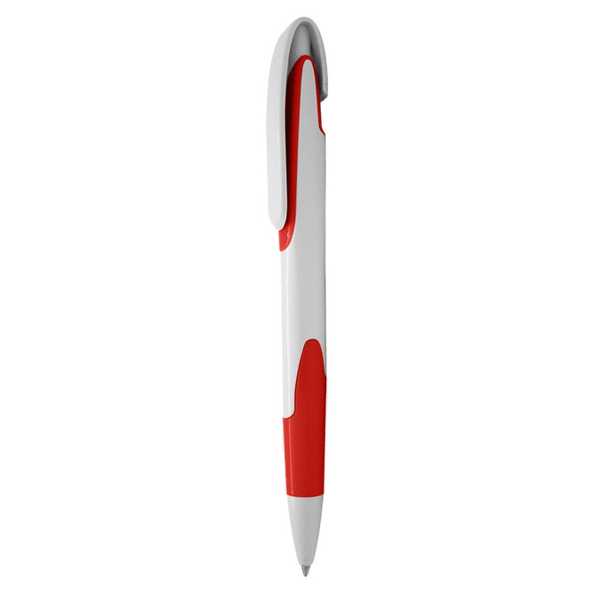A plastic pen in white with red accents, featuring a clip and a smooth barrel design.