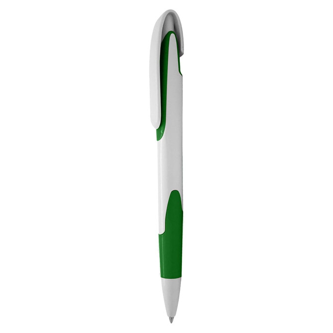 A plastic pen with a white body and green accents, featuring a clip for easy attachment.