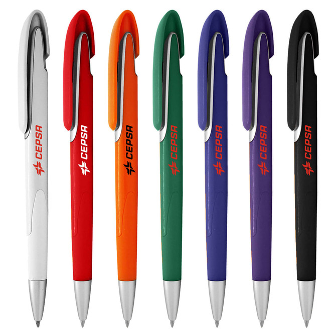 A selection of plastic pens in white, orange, green, purple, and black, featuring various logos.