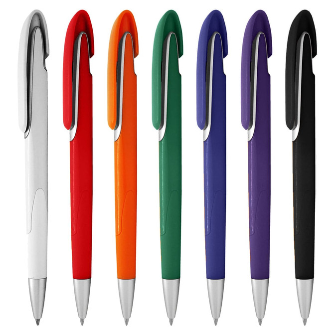 A selection of plastic pens in white, red, orange, green, purple, and black, featuring a logo on each pen.