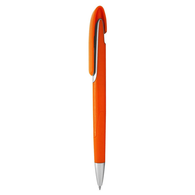 An orange plastic pen with a shiny silver clip and a smooth finish. The pen features a logo on its body.