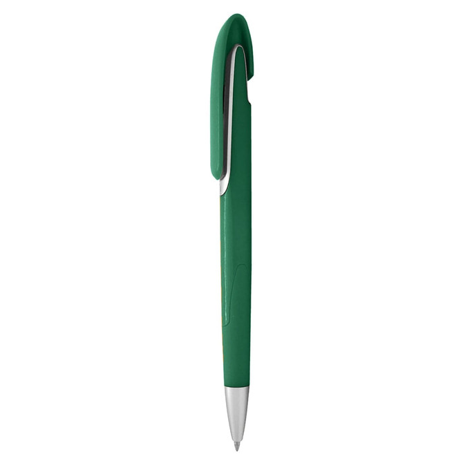 A green plastic pen with a sleek design and a silver clip, featuring a branding logo.