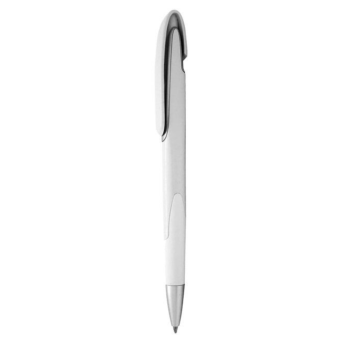 A plastic pen in white with a chrome clip and a sleek design. It features a logo on the barrel.