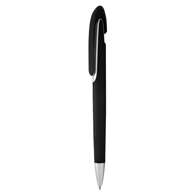 A black plastic pen with a sleek design and a silver clip. It features a logo on its surface.