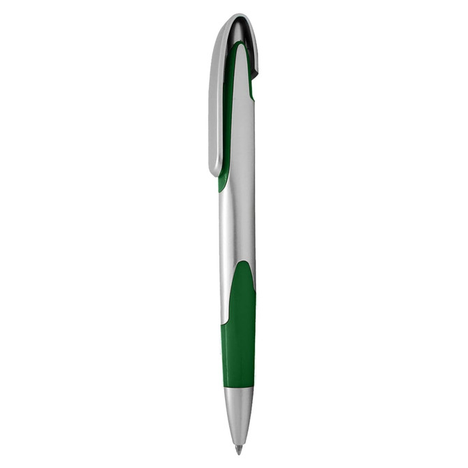 A plastic pen with a silver barrel and green grip, featuring a clip and a branding logo.
