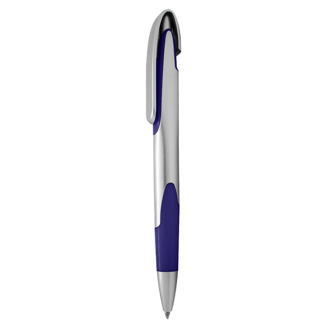 A silver and purple plastic pen with a clip and a smooth tip. It features a logo on the body.