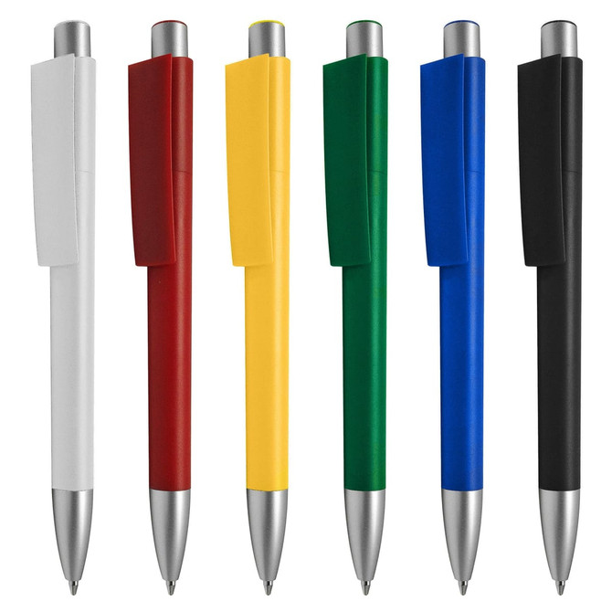 A range of plastic pens in white, red, yellow, green, blue, and black, each featuring a silver clip and tip.