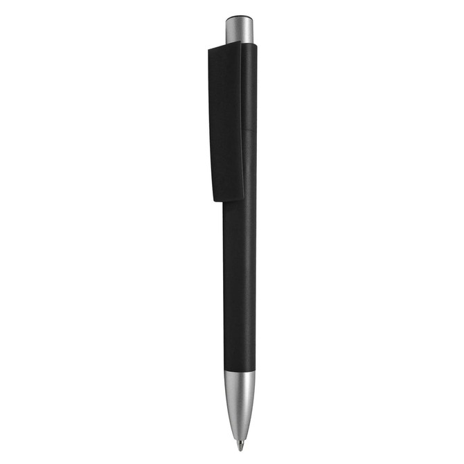 A black plastic pen with a silver tip and clip, featuring a smooth design and a logo.
