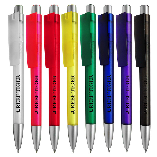 A collection of plastic pens in various colours: white, pink, yellow, green, blue, purple, and black, featuring a logo.