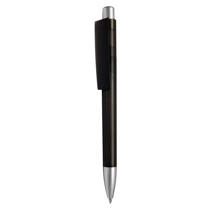 A black plastic pen with a silver clip, featuring a sleek design and a logo.