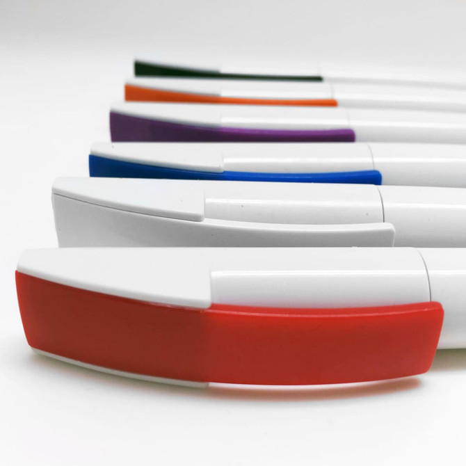 A collection of plastic pens in various colours, featuring a sleek white body and a prominent colour accent at the end.