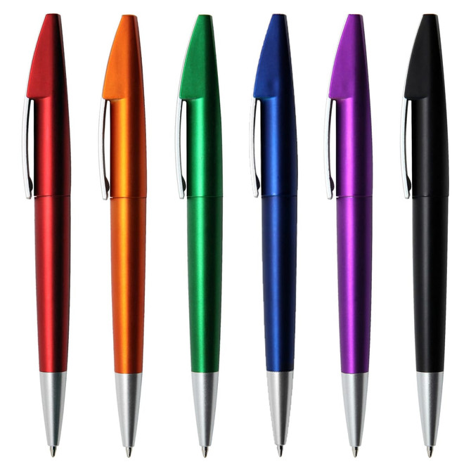 A collection of six plastic pens in red, orange, green, blue, purple, and black, featuring silver accents and clips.