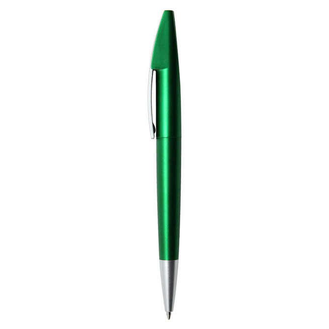 A green metallic pen with a silver clip and tip, featuring a branding logo.