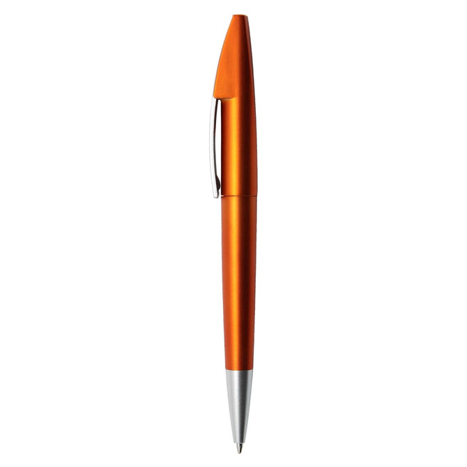 An orange metallic pen with a silver clip and tip. The pen features a branded logo.