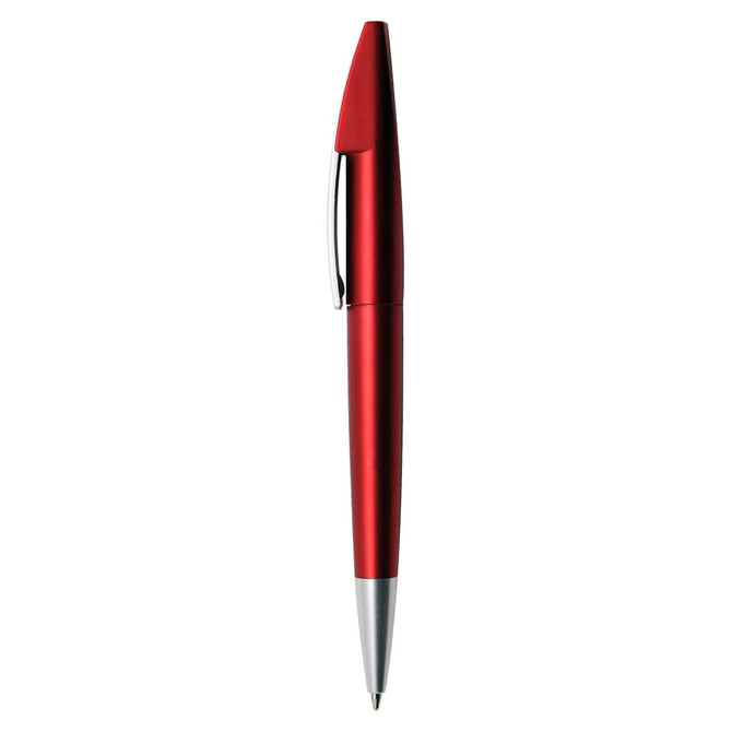 A red metallic pen with a shiny silver tip and clip, featuring a sleek design and a branding logo.