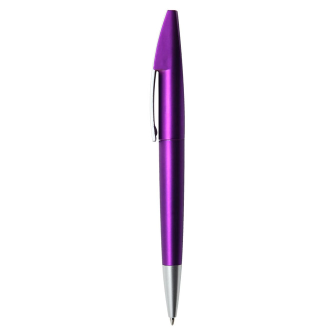 A purple metallic pen with a silver clip and tip, featuring a logo on its body.
