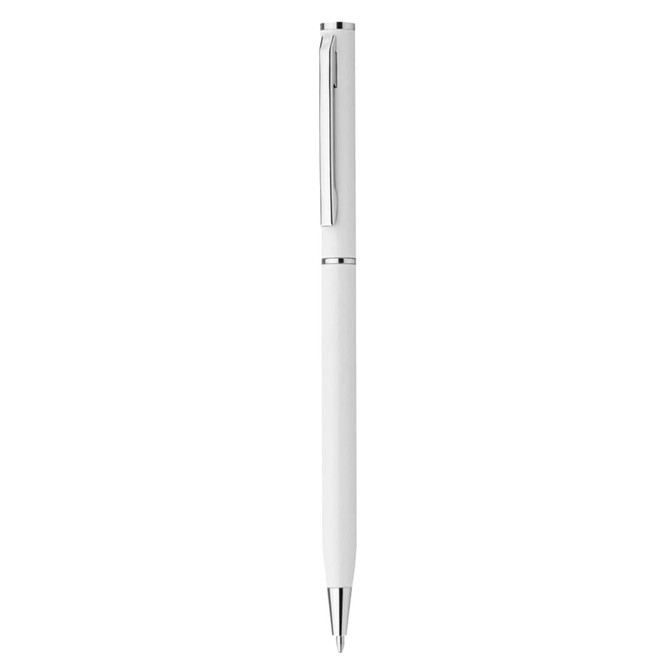 A white plastic pen with a silver clip and trim, featuring a sleek design and a logo on the body.