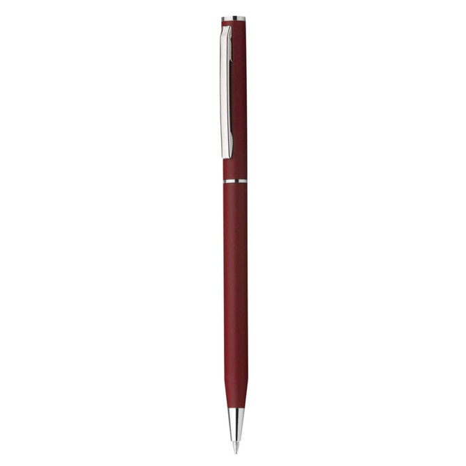 A burgundy plastic pen with a shiny silver clip and detailing, featuring a logo.