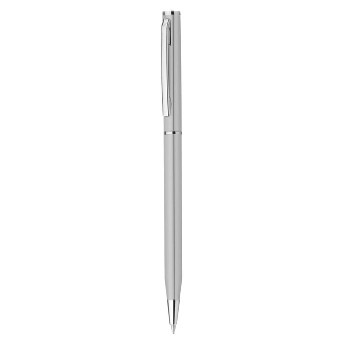 A silver plastic pen with a sleek design and a clip for easy attachment. The pen features a logo on its surface.