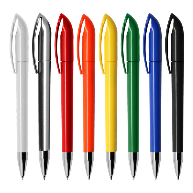 A selection of plastic pens in white, silver, red, orange, yellow, blue, green, and black, featuring a logo.