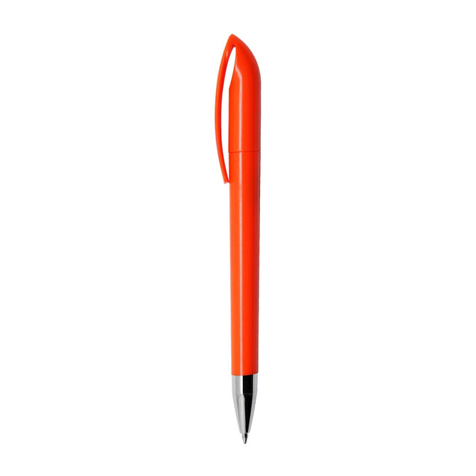 An orange plastic pen with a sleek design and a silver tip, featuring a clip for easy attachment.