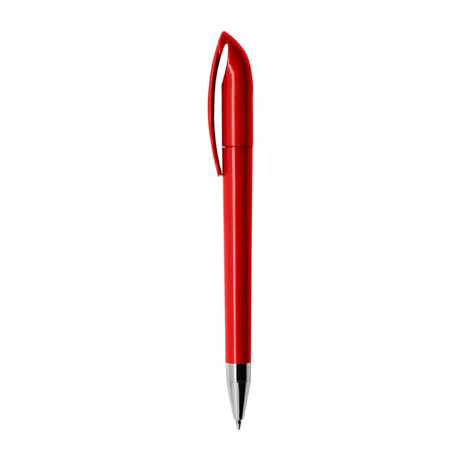 A red plastic pen with a sleek design and clip, featuring a silver tip and branding.