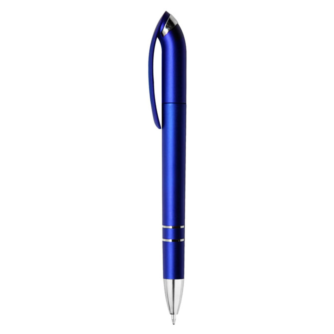 A metallic blue pen with a sleek design, featuring a silver tip and a logo on the body.