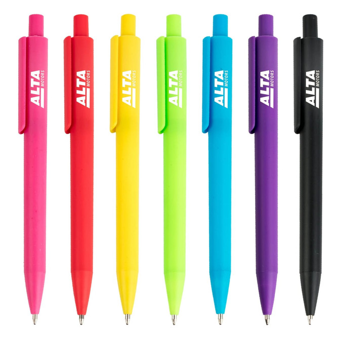 A set of plastic pens in pink, red, yellow, green, purple, and black, featuring branding on each pen.